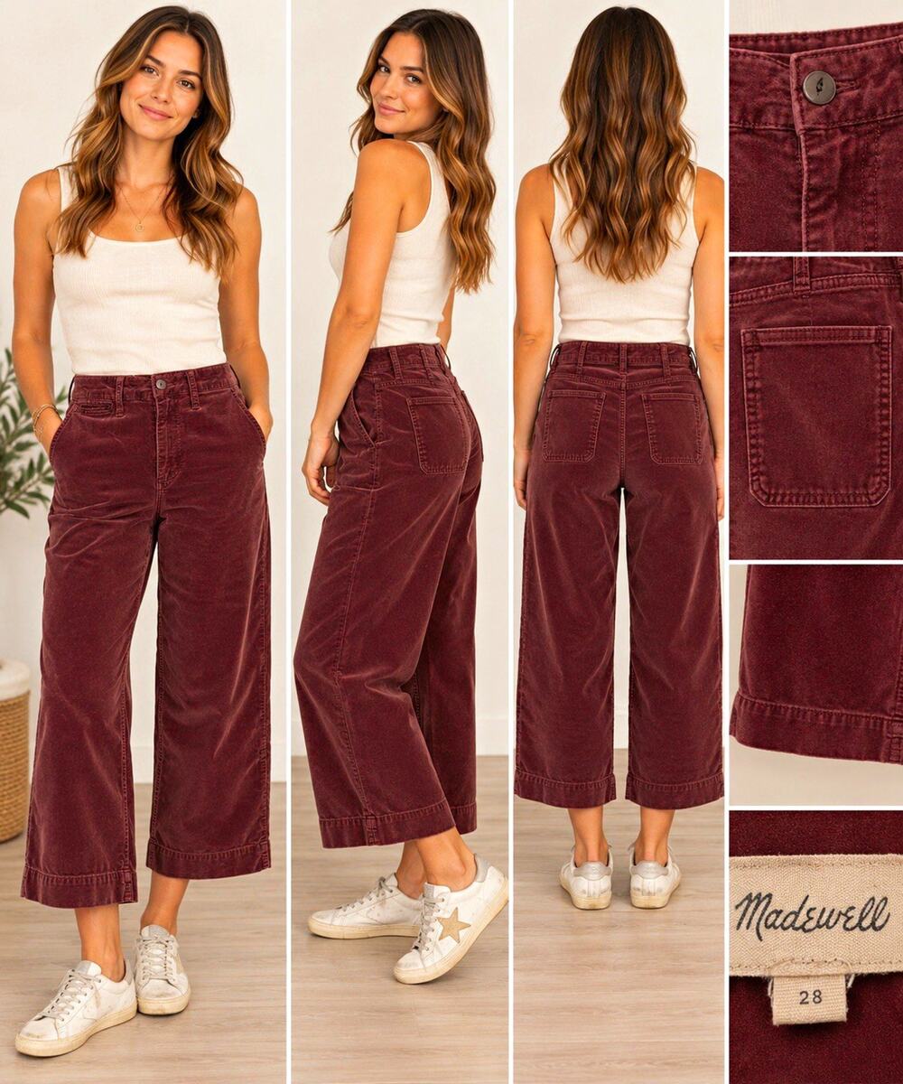 Madewell Size 28 Burgundy Corduroy Wide Leg Cropped Pants
